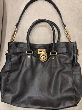 Michael Kors Black Leather Tote with Gold-Tone Chain Accents
